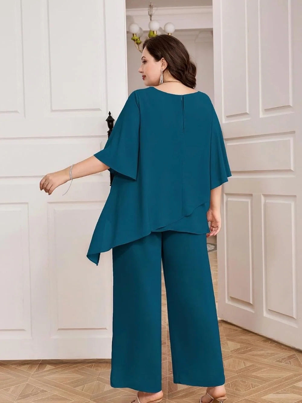 NWT Hanna Nikole Plus Size Teal Layered Wide-Leg 2 Pc Pant Set Chiffon Formal